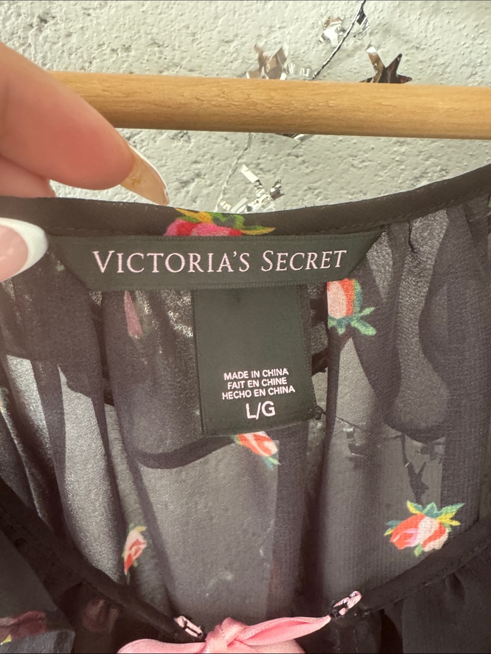 Tie front Black Sheer Blouse with Pink Rose Accents - Picture 3 of 4